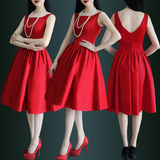 韩国大红色无袖连衣裙 夏季新品女装中长款蓬蓬裙复古收腰a字中裙