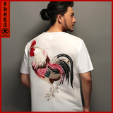 贝勒府中国风原创设计后背雄鸡刺绣T恤夏季透气网纱男士宽松纯棉