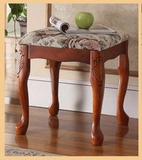 美式复古家具全实木雕花梳妆凳化妆凳欧式换鞋凳布艺软包小矮凳子