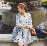 新款韩版连衣裙夏季学生七分袖波点星星印花宽松百褶蛋糕裙娃娃裙