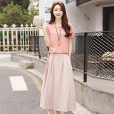 夏季新款韩版棉麻连衣裙修身短袖时尚气质两件套显瘦淑女女生长裙