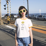 『大瑞家』韩国清新学院风字母T桖女短袖学生短款修身显瘦笑脸T恤