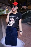 泰国潮牌 黑色纯棉圆领T恤女短袖2016夏 新款修身显瘦重工美女T