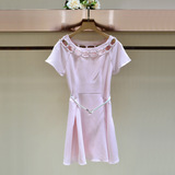 妃语欧洲站2016夏装新款 钉珠镂空圆领粉色短袖连衣裙I3263701