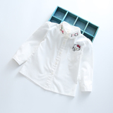 女童长袖衬衫2016春款新款童装 KT猫花朵刺绣宝宝打底衫 白衬衣
