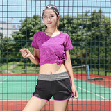 包邮夏女韩版段染T恤短裤跑步瑜伽健身训练打球速干排汗运动套装