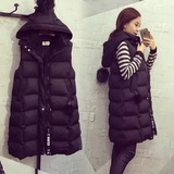 2016新款棉衣马甲毛球拉链字母条中长款韩版修身显瘦黑色加外套女