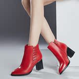 品牌女靴大码短靴41-43女春秋单靴高跟粗跟真皮韩版红色马丁靴冬