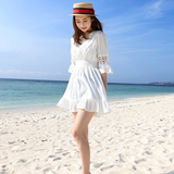 新款波西米亚V领镂空蕾丝连衣裙夏中长款韩版大码胖mm显瘦沙滩裙