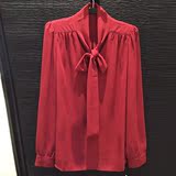 简哥弟娅2016秋装新款女装酒红色修身波点蝴蝶结雪纺长袖衬衫