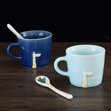 情侣咖啡杯带勺套装景德镇陶瓷长颈鹿一对创意水杯手工马克杯礼物