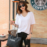 夏季韩版竹节棉V领短袖t恤女装宽松大码纯色简约半袖纯白色打底衫