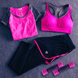 春夏瑜伽服套装健身房跑步三件套女显瘦短袖运动背心假两件紧身裤