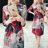 欧洲站2016韩版新款修身显瘦真丝印花长袖时尚连衣裙女装中裙女潮