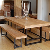 美式乡村铁艺做旧条形实木6人餐桌椅组合现代简约办公洽谈会议桌