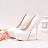 甜美白色新娘鞋超高跟细跟拍婚纱照鞋防水台新娘鞋圆头浅口女单鞋