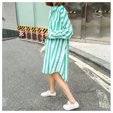 夏季街头韩版宽松大码蓝色竖条纹口袋中长款衬衫外套防晒衣女潮