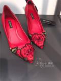 预定 英国代购 DolceGabbana杜嘉班纳女士全皮红色花朵尖头高跟鞋
