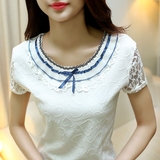 短袖女t恤女夏季韩版修身通勤蕾丝打底衫女半袖纯白色纯棉体恤女