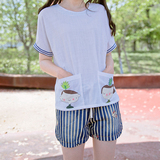 2016夏季女装短袖T恤女 日系甜美口袋印花蝙蝠袖宽松学生t恤上衣