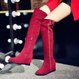 欧美冬季保暖过膝长靴女磨砂真皮坡跟内增高侧拉链红色高筒骑士靴