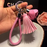 韩国创意流苏玫瑰花朵皮绳 汽车钥匙扣女士包挂饰挂件圈链编织绳