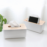 朴家杂货 简约木质盖纸巾盒带手机架PP桌面收纳盒欧式高档纸抽盒