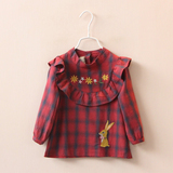 2016春款外贸女童装儿童刺绣花朵小兔格子荷叶领娃娃衫儿童衬衫