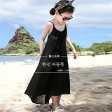 母女装2016韩版夏季女童吊带连衣裙长款沙滩裙黑色显瘦超大摆长裙