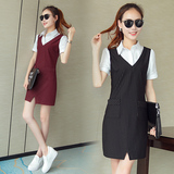 夏季连衣裙女2016韩版修身条纹短袖衬衫中长款背带拼接假两件套装
