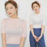 韩国新款文艺小性感微透小高领短袖套头薄针织衫女修身中袖上衣