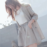 韩国2016夏季薄款亚麻小西装外套女长袖中长款休闲短裤套装两件套