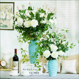 家居软装饰品美式乡村地中海法式蓝色陶瓷花瓶二件套仿真花艺套装