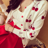 2016春夏季韩版修身长袖低圆领绣花樱桃针织开衫百搭包邮女