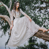 2016夏装新款民族风女装方领七分袖复古文艺范蕾丝连衣裙气质长裙