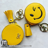 韩国黄色GD笑脸钥匙扣流苏创意耳机收纳盒汽车钥匙圈零钱包包挂件