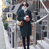 韩国2016春季新品墨绿色中长款茧型毛呢外套宽松显瘦呢大衣风衣女