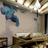 新古典水墨荷花墙纸中式淡雅大型壁画酒店主题餐厅包厢茶道室壁纸