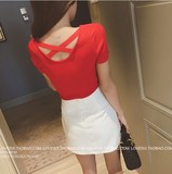 韩版女装新款弹力V领针织衫修身半袖打底衫短款夏装T恤女短袖上衣