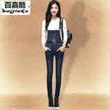 韩版新款背带牛仔裤小脚铅笔长裤女学生背带裤修身显瘦可拆卸连体