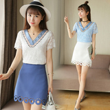 夏季韩版V领蕾丝包臀裙两件套牛仔蓝收腰显瘦学院风甜美短裙套装