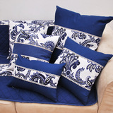 中式民族蓝色青花瓷沙发靠垫套装 全棉布料蕾丝花边抱枕定制批发