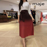 法国maje专柜代购2016秋季时尚中长款高腰酒红色渐变色百褶半身裙