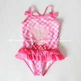 英国外贸原单童装 女童宝宝夏可爱小猪格子连体裙式吊带沙滩泳衣