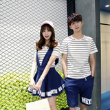 情侣装夏装2016新款韩版修身条纹短袖t恤学生背带连衣裙套装班服