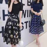 连衣裙夏2016韩版修身显瘦中长款高腰欧根纱印花两件套女套装裙子