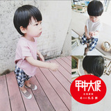 韩国代购男女童短袖衬衫 儿童棉麻短袖圆领衬衣童装16夏新款宝宝