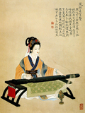 中式古典人物装饰画 弹古筝的仕女图 仿真国画 琴行音乐教室挂画