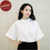 16女装韩版 小高领套头短袖衬衫 宽松雪纺衬衣 五分袖中袖打底衫