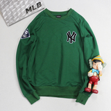 2016春MLB韩国新款棒球服卫衣女情侣款插肩绿色纯棉套头圆领外套